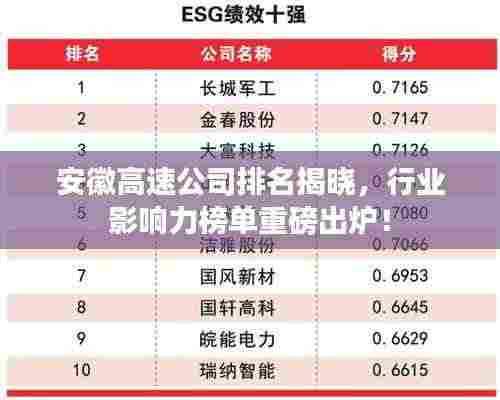 安徽高速公司排名揭晓，行业影响力榜单重磅出炉！